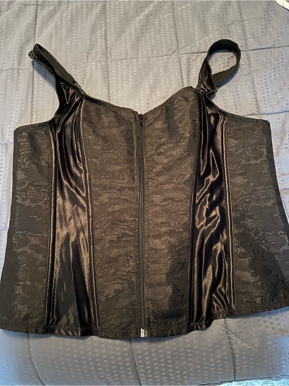 Black Lace Satin Zip-Front Corset Top - Women Intimates